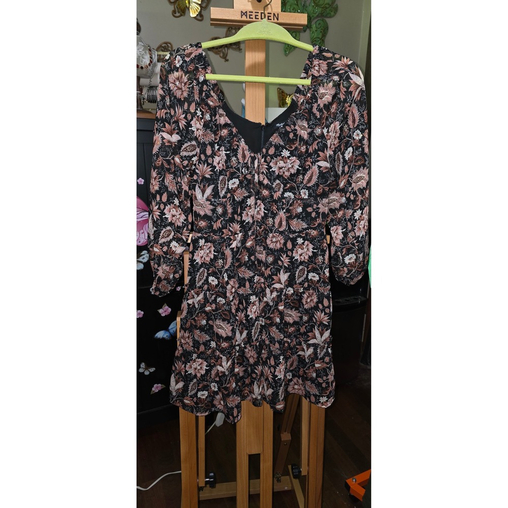 Madewell Floral V-Neck Mini Dress Long Sleeve Black Pink Boho Size 0